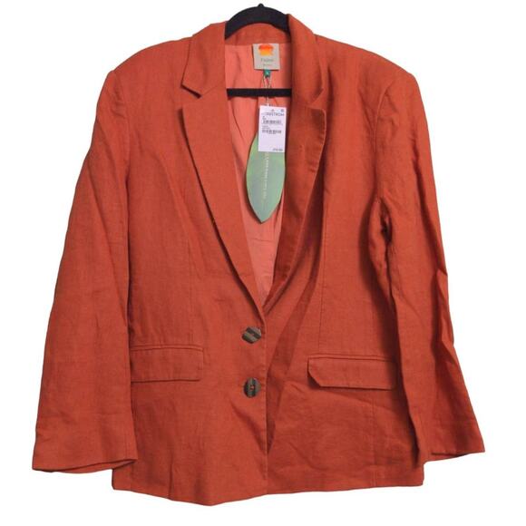 Farm Rio Womens Blazer Jacket Brown Rust Buttons Pockets 100% Linen Collar M New - Picture 1 of 15